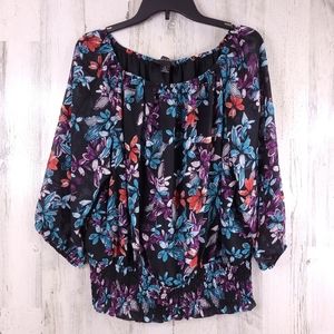 Colleen Lopez Black Floral Elastic Peasant Blouse